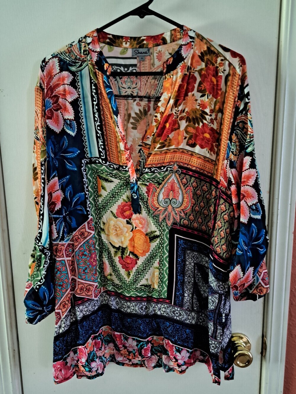 Shana Colorful Patchwork Floral Lightweight Tunic Top Roll-Tab Sleeves Size XL - Picture 5 of 9